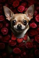 portrait valentines de une mignonne chihuahua chien avec des roses ai généré photo