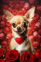 portrait valentines de une mignonne chihuahua chien avec des roses ai généré photo