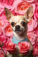 portrait valentines de une mignonne chihuahua chien avec des roses ai généré photo