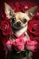 portrait valentines de une mignonne chihuahua chien avec des roses ai généré photo