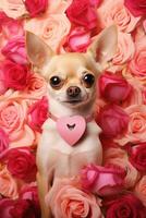 portrait valentines de une mignonne chihuahua chien avec des roses ai généré photo