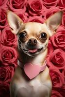 portrait valentines de une mignonne chihuahua chien avec des roses ai généré photo