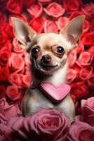 portrait valentines de une mignonne chihuahua chien avec des roses ai généré photo