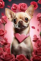 portrait valentines de une mignonne chihuahua chien avec des roses ai généré photo