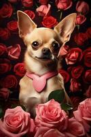 portrait valentines de une mignonne chihuahua chien avec des roses ai généré photo