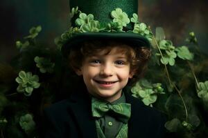 portrait de une souriant garçon dans une lutin costume. st. patrick's journée. ai généré photo