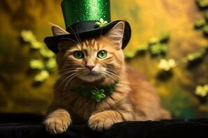 mignonne chat portant une vert Haut chapeau pour st. patrick's journée. ai généré photo