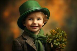 portrait de une souriant garçon dans une lutin costume. st. patrick's journée. ai généré photo