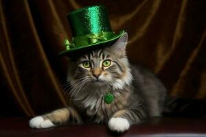 mignonne chat portant une vert Haut chapeau pour st. patrick's journée. ai généré photo