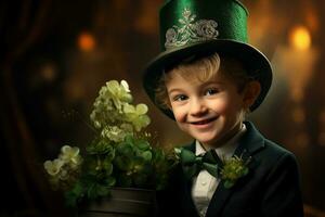 portrait de une souriant garçon dans une lutin costume. st. patrick's journée. ai généré photo