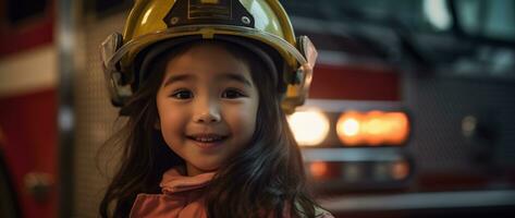 portrait de souriant asiatique peu fille portant sapeur pompier uniforme permanent dans Feu camion. ai généré photo