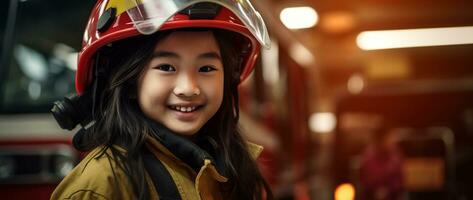 portrait de souriant asiatique peu fille portant sapeur pompier uniforme permanent dans Feu camion. ai généré photo