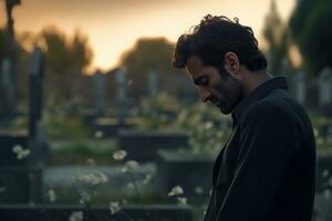 portrait de une triste et déprimé homme dans une noir manteau sur le Contexte de une cimetière.funérailles concept ai généré photo