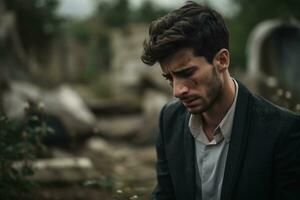 portrait de une triste et déprimé homme dans une noir manteau sur le Contexte de une cimetière.funérailles concept ai généré photo