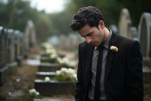 portrait de une triste et déprimé homme dans une noir manteau sur le Contexte de une cimetière.funérailles concept ai généré photo