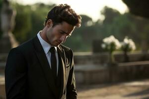 portrait de une triste et déprimé homme dans une noir manteau sur le Contexte de une cimetière.funérailles concept ai généré photo