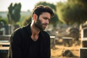 portrait de une triste et déprimé homme dans une noir manteau sur le Contexte de une cimetière.funérailles concept ai généré photo