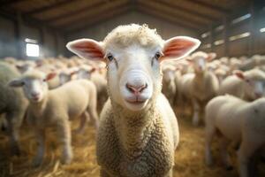 portrait de une mignonne agneau sur une Contexte de mouton dans le Grange ai généré photo