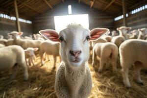 portrait de une mignonne agneau sur une Contexte de mouton dans le Grange ai généré photo