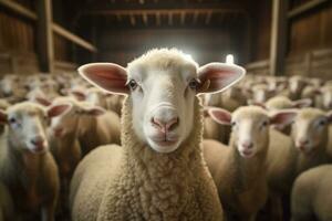 portrait de une mignonne agneau sur une Contexte de mouton dans le Grange ai généré photo