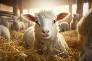 portrait de une mignonne agneau sur une Contexte de mouton dans le Grange ai généré photo