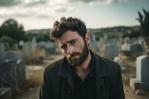 portrait de une triste et déprimé homme dans une noir manteau sur le Contexte de une cimetière.funérailles concept ai généré photo