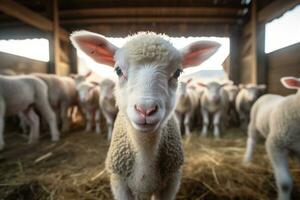 portrait de une mignonne agneau sur une Contexte de mouton dans le Grange ai généré photo