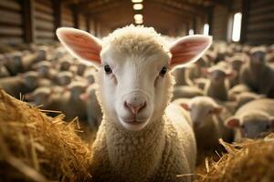 portrait de une mignonne agneau sur une Contexte de mouton dans le Grange ai généré photo