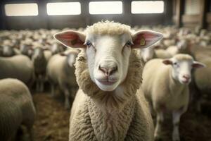 portrait de une mignonne agneau sur une Contexte de mouton dans le Grange ai généré photo