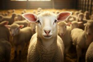 portrait de une mignonne agneau sur une Contexte de mouton dans le Grange ai généré photo