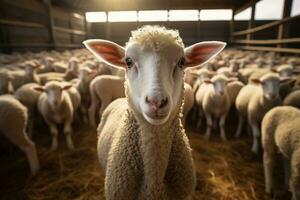 portrait de une mignonne agneau sur une Contexte de mouton dans le Grange ai généré photo