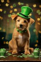 mignonne chiot dans vert Haut chapeau. st. patrick's journée. ai généré photo