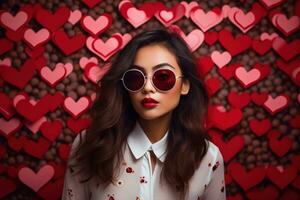 la Saint-Valentin journée. portrait de magnifique Jeune asiatique femme dans des lunettes de soleil sur rouge Contexte avec cœurs. ai généré photo