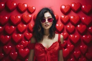 la Saint-Valentin journée. portrait de magnifique Jeune asiatique femme dans des lunettes de soleil sur rouge Contexte avec cœurs. ai généré photo