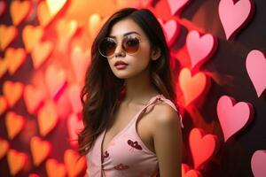 la Saint-Valentin journée. portrait de magnifique Jeune asiatique femme dans des lunettes de soleil sur rouge Contexte avec cœurs. ai généré photo