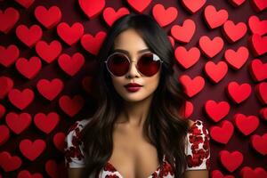 la Saint-Valentin journée. portrait de magnifique Jeune asiatique femme dans des lunettes de soleil sur rouge Contexte avec cœurs. ai généré photo