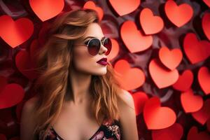 la Saint-Valentin journée. portrait de magnifique Jeune femme dans des lunettes de soleil sur rouge Contexte avec cœurs. ai généré photo