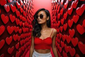 la Saint-Valentin journée. portrait de magnifique Jeune asiatique femme dans des lunettes de soleil sur rouge Contexte avec cœurs. ai généré photo