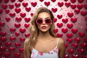 la Saint-Valentin journée. portrait de magnifique Jeune femme dans des lunettes de soleil sur rouge Contexte avec cœurs. ai généré photo