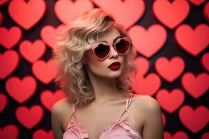 la Saint-Valentin journée. portrait de magnifique Jeune femme dans des lunettes de soleil sur rouge Contexte avec cœurs. ai généré photo