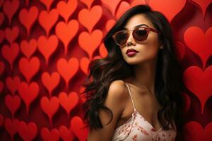 la Saint-Valentin journée. portrait de magnifique Jeune asiatique femme dans des lunettes de soleil sur rouge Contexte avec cœurs. ai généré photo