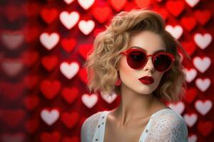 la Saint-Valentin journée. portrait de magnifique Jeune femme dans des lunettes de soleil sur rouge Contexte avec cœurs. ai généré photo