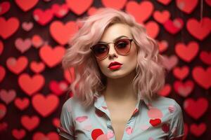 la Saint-Valentin journée. portrait de magnifique Jeune femme dans des lunettes de soleil sur rouge Contexte avec cœurs. ai généré photo