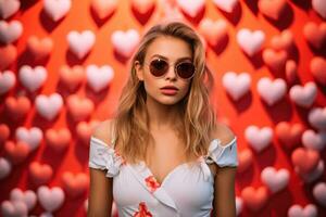 la Saint-Valentin journée. portrait de magnifique Jeune femme dans des lunettes de soleil sur rouge Contexte avec cœurs. ai généré photo