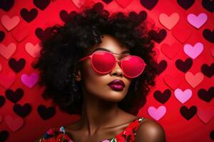 à la mode africain américain femme avec des lunettes sur Valentin Contexte ai généré photo