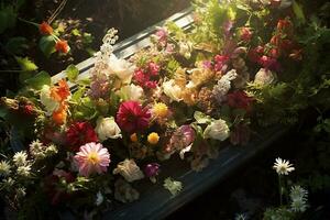 coloré fleurs sur le la tombe dans le cimetière, funéraire concept. ai généré photo