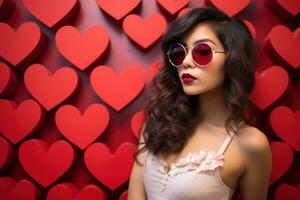 la Saint-Valentin journée. portrait de magnifique Jeune asiatique femme dans des lunettes de soleil sur rouge Contexte avec cœurs. ai généré photo