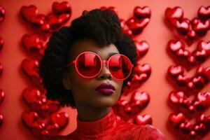 à la mode africain américain femme avec des lunettes sur Valentin Contexte ai généré photo