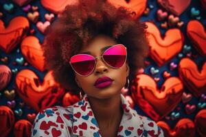 à la mode africain américain femme avec des lunettes sur Valentin Contexte ai généré photo