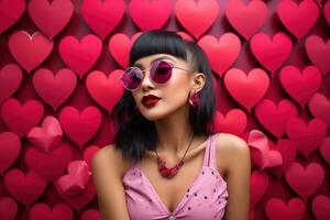 la Saint-Valentin journée. portrait de magnifique Jeune asiatique femme dans des lunettes de soleil sur rouge Contexte avec cœurs. ai généré photo